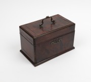 A Georgian mahogany box fitted with three compartments, original swing handle and escutcheon, 18th century, ​​​​​​​20cm high, 24cm wide, 14cm deep