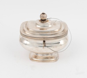 91 · A Continental silver tea caddy with original key, 19th/20th century, 11cm high, 12cm wide, 255 grams