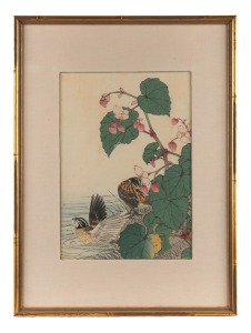 A woodblock print of bathing birds and flowers, 19th/20th century, 31 x 22cm, 49 x 37cm overall