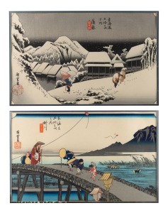 Two framed Japanese woodblock prints, ​​​​​​​21 x 34cm each, 48 x 58cm each overall,