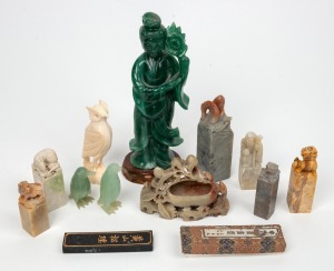 Carved stone seals, soapstone ornament, carved greenstone statues and Chinese inkstone, 20th century, the largest 18cm overall