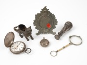 Antique sterling silver seal with vesta top, antique silver pocket watch, nickel pocket watch stand, lorgnette, nickel sovereign case and silver plate novelty cat quill wiper, 19th/20th century, (6 items), the seal 9cm high