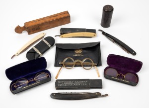 Cutthroat razors, sharpening stone, shaving stick case and assorted spectacle cases, 19th/20th century, (10 items)