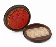 CHARLES THE BOLD antique red wax seal in treen case, bearing hand-written label to underside of lid, 6.5cm diameter