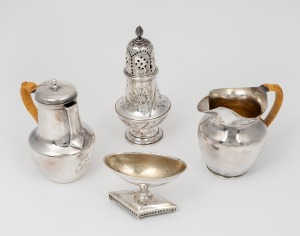 158 · A Georgian sterling silver sugar caster, an antique sterling silver salt cellar, and two French silver jugs with rattan covered handles (one with lid), mixed vintages, (4 items), the caster 15cm high, 400 grams total.