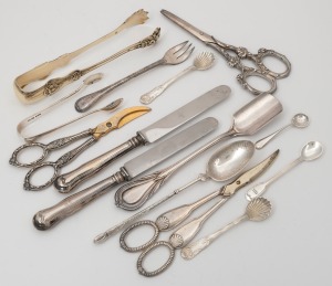 Antique Continental silver sugar tongs, silver spoons (4) sterling silver sugar nips, silver plated cutlery and servers including French Christofle, (14 items), 153 grams silver weight