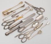 Antique Continental silver sugar tongs, silver spoons (4) sterling silver sugar nips, silver plated cutlery and servers including French Christofle, (14 items), 153 grams silver weight