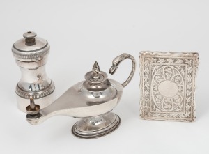 ASPREY antique English table cigar lighter; together with an antique English sterling silver calling card case, and a French silver pepper mill, (3 items), the pepper mill 10cm high.