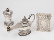ASPREY antique English table cigar lighter; together with an antique English sterling silver calling card case, and a French silver pepper mill, (3 items), the pepper mill 10cm high.