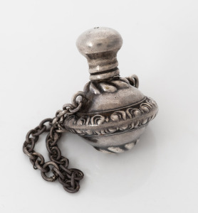 An antique English sterling silver miniature scent bottle with chatelaine chain, made in Birmingham, circa 1901, 6cm high including chain