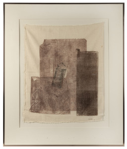 R. CLARKE, (untitled paper bags), mixed media on calico, signed lower right "R. Clarke, '78", ​​​​​​​56 x 45cm, 82 x 69cm overall