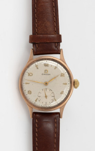 OMEGA gents wristwatch in 9ct rose gold case with manual movement and subsidiary dial, bearing personalised inscription verso dated 1951, 3.4cm wide including crown