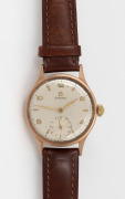 OMEGA gents wristwatch in 9ct rose gold case with manual movement and subsidiary dial, bearing personalised inscription verso dated 1951, 3.4cm wide including crown