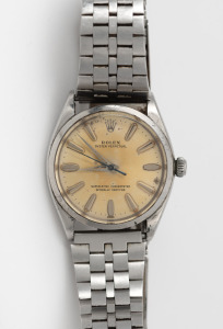 ROLEX "Oyster Perpetual" gents wristwatch in stainless case with automatic movement and baton numerals, housed in a Rolex box, 3.5cm wide including crown