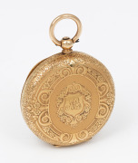 HAMILTON & Co. antique 18ct solid gold full hunter cased pocket watch with engraved decoration and Roman numerals, key wind movement, housed in plush fitted box, 5.7cm high including bow