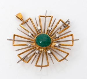 An 18ct yellow and white gold floral design brooch with pendant loop, set with a cabochon emerald surrounded by eight brilliant cut white diamonds, stamped "18ct" with pictorial marks, 6cm high overall, 15.4 grams