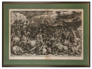 An antique framed engraving of a battle scene, ​​​​​​​71 x 97cm overall.