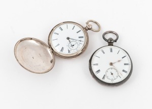 Two antique English sterling silver pocket watches. One open faced retailed by W. D. Baker of Horsham with enamel dial, Roman numerals and seconds subsidiary dial. The other a hunter case with enamel dial, seconds subsidiary with outer 10 minute divisions and beetle and poker hands. Made by Wm. Mann of Gloucester, mid 19th century, the open faced 5cm wide.