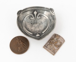 Two French Art Nouveau bronze medals (one with silver finish); together with a German Art Nouveau pewter dish, circa 1900, (3 items), the dish 10cm wide