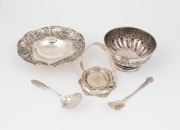Continental silver coasters and cradle, sterling silver bowl,&nbsp;German and American silver sifting spoons and a silver plated bowl, 19th and 20th century, (5 items), 364 grams (excluding the silver plated bowl)