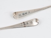 A pair of Georgian sterling silver condiment pots with original blue glass liners (damaged), London made, circa 1789; together with a pair of Georgian sterling silver condiment spoons, (4 items), 9cm wide, 124 grams total silver weight - 2
