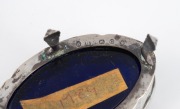 A pair of Georgian sterling silver condiment pots with original blue glass liners (damaged), London made, circa 1789; together with a pair of Georgian sterling silver condiment spoons, (4 items), 9cm wide, 124 grams total silver weight - 3
