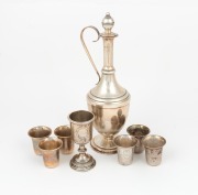 Russian Soviet era 875 silver ewer with six vodka beakers and a goblet, 20th century, (8 items), ​​​​​​​the ewer 25cm high, 400 grams total.