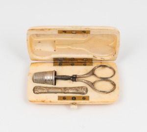 An antique ivory sewing etui, 19th century, 9cm wide.
