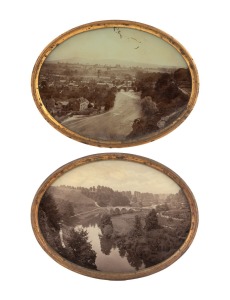 A pair of oval antique albumen photographs of village scenes, housed in original gilt metal frames, 19th century, remains of paper label verso, 17.5 x 22.5cmoerall