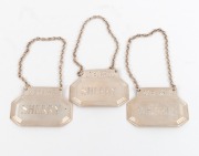 A vintage set of three sterling silver decanter labels, 20th century, 5cm wide, 50 grams total