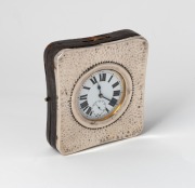 An antique steel cased oversized pocket watch, housed in an attractive sterling silver and leather travelling case lined in plush green velvet, 19th century, the case 11.5 x 10cm overall.