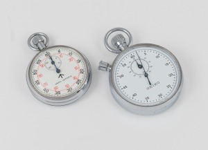 Two vintage stopwatches in nickel plated cases, 20th century, the larger 8cm high including bow.