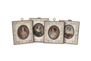 Four miniature portraits, hand-painted on ivory and housed in ivory frames with engraved decoration, early to mid 20th century, the largest 9 x 7.5cm overall.