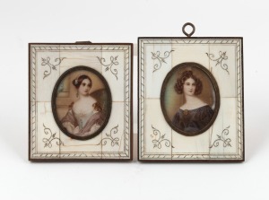 A pair of miniature portraits of ladies, hand-painted on ivory and housed in ivory frames with engraved decoration, early to mid 20th century, the largest 9 x 7.5cm overall.