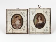 A pair of miniature portraits of ladies, hand-painted on ivory and housed in ivory frames with engraved decoration, early to mid 20th century, the largest 9 x 7.5cm overall.