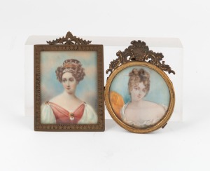 Two antique miniature hand-painted female portraits on ivory, in gilt metal frames, 19th century, ​​​​​​​8cm and 7.5cm high.