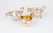 Three antique English sterling silver jugs, 19th/20th century, ​​​​​​​the largest 16cm long, 378 grams total.