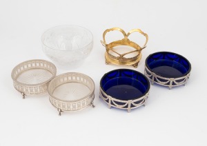 127 · Five assorted sterling silver butter and bonbon dishes, all with glass liners, the largest 8cm high, 258 grams silver weight (not including glass liners).