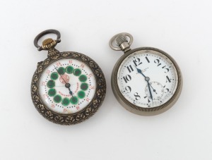 GRANGIN WATCH Co. antique American pocket watch with decorative enamel dial and repousse case, together with a nickel cased crown wind railway watch with engraved locomotive on the back, 19th/20th century, (2 items), 8.5cm and 7.5cm high including the bows.