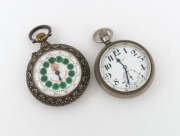 GRANGIN WATCH Co. antique American pocket watch with decorative enamel dial and repousse case, together with a nickel cased crown wind railway watch with engraved locomotive on the back, 19th/20th century, (2 items), ​​​​​​​8.5cm and 7.5cm high including 