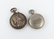 GRANGIN WATCH Co. antique American pocket watch with decorative enamel dial and repousse case, together with a nickel cased crown wind railway watch with engraved locomotive on the back, 19th/20th century, (2 items), ​​​​​​​8.5cm and 7.5cm high including - 2