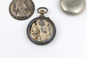GRANGIN WATCH Co. antique American pocket watch with decorative enamel dial and repousse case, together with a nickel cased crown wind railway watch with engraved locomotive on the back, 19th/20th century, (2 items), ​​​​​​​8.5cm and 7.5cm high including - 3