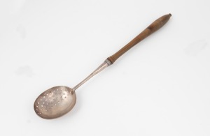 An antique English pewter and silver beef strainer ladle with turned fruitwood handle, late 17th century stamp to bowl, handle late 18th century, 46cm long