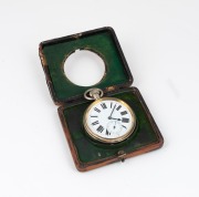 An antique oversized nickel plated pocket watch with crown wind movement, Roman numerals and subsidiary seconds dial, housed in an antique sterling silver and leather travel case (the case poor condition), the watch 9.5cm high overall including bow - 2