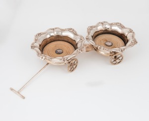 An antique Old Sheffield plate double wine bottle coaster wagon, 19th century, 57cm long overall
