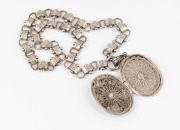 An antique sterling silver oval pendant locket suspended on an attractive antique English sterling silver chain, 19th century, the chain 37cm long - 2