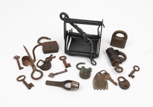Antique vermin trap, locks, keys, leather punch and gold miner's candle holder, (qty), the candle holder 15cm long