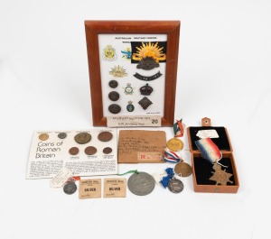 Medals, badges, buttons, replica coin set "Coins of Roman Britain", etc. (qty).