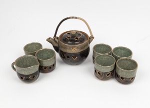 SHOJI HAMADA Japanese pottery tea set, purchased in Japan in 1958, the teapot 20cm high including handle.