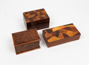 Two vintage Japanese inlaid timber boxes, together with a concertina fold-out timber box, 20th century, (3 items), the largest 20.5cm wide.